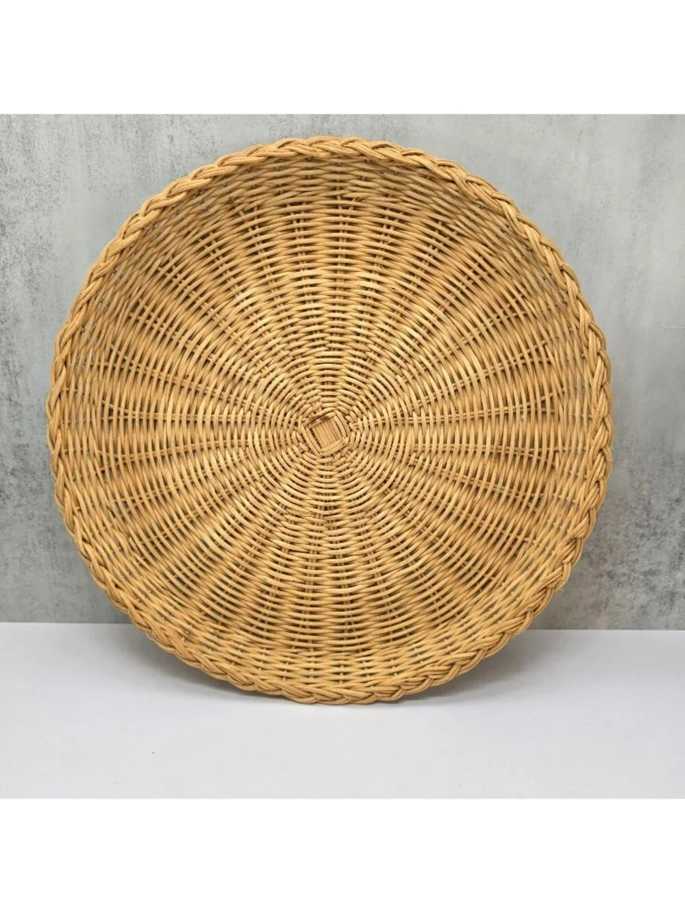 Large Vintage Woven Rattan Round Basket Tray Handmade Rustic Decor 12.5